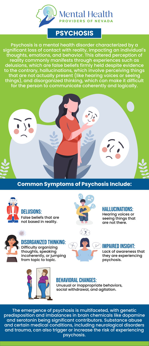 Psychosis treatment focuses on managing symptoms such as hallucinations, delusions, and disorganized thinking. Seeking treatment from Deborah Louise Perkins, NP, PhD, at Mental Health Providers of Nevada, she is dedicated to providing an accurate diagnosis, personalized care, and strategies to help manage the condition and improve quality of life. For more information, contact us or request an appointment online. We are conveniently located at 2620 Regatta Drive, Suite 246A, Las Vegas, NV 89128. Psychosis treatment focuses on managing symptoms such as hallucinations, delusions, and disorganized thinking. Seeking treatment from Deborah Louise Perkins, NP, PhD, at Mental Health Providers of Nevada, she is dedicated to providing an accurate diagnosis, personalized care, and strategies to help manage the condition and improve quality of life. For more information, contact us or request an appointment online. We are conveniently located at 2620 Regatta Drive, Suite 246A, Las Vegas, NV 89128.